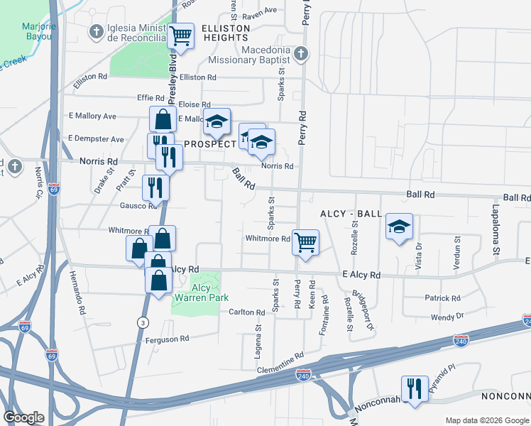 map of restaurants, bars, coffee shops, grocery stores, and more near 1494 Gausco Road in Memphis