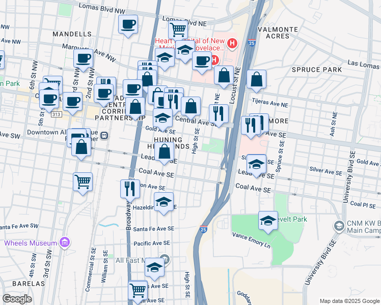 map of restaurants, bars, coffee shops, grocery stores, and more near 301 High Street Southeast in Albuquerque