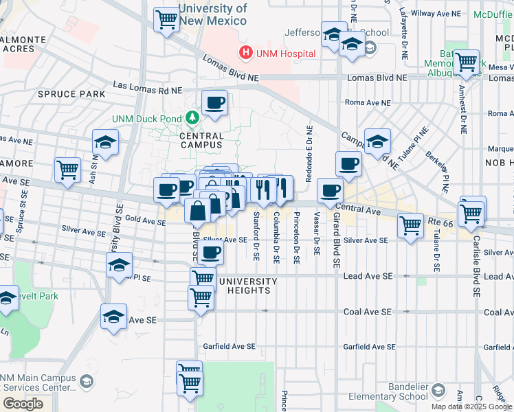 map of restaurants, bars, coffee shops, grocery stores, and more near 2500 Central Avenue Southeast in Albuquerque
