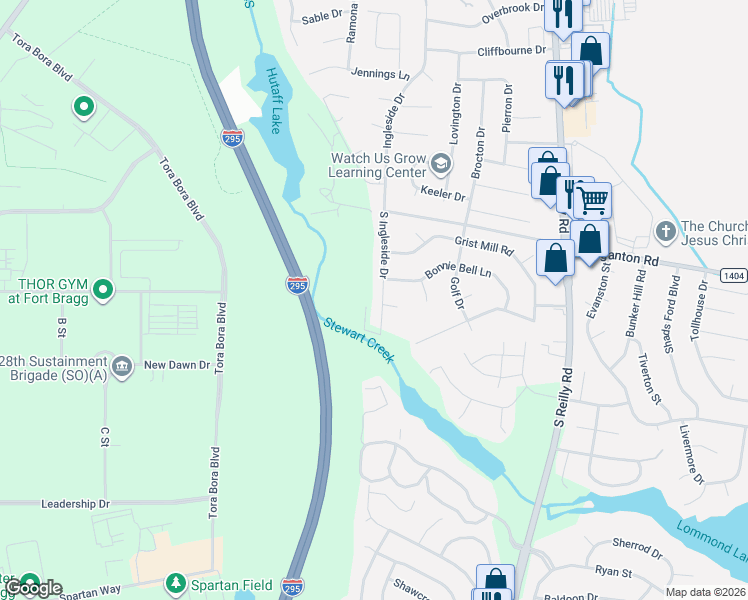 map of restaurants, bars, coffee shops, grocery stores, and more near 198 South Ingleside Drive in Fayetteville