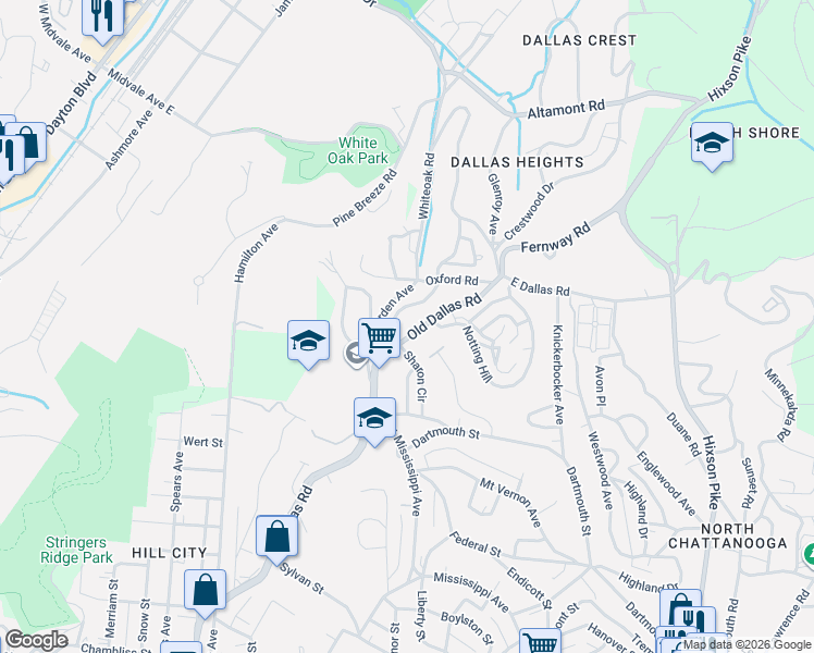 map of restaurants, bars, coffee shops, grocery stores, and more near 715 Old Dallas Road in Chattanooga