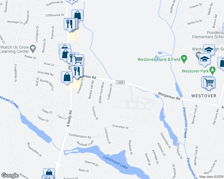 map of restaurants, bars, coffee shops, grocery stores, and more near 6342 Foxlake Drive in Fayetteville