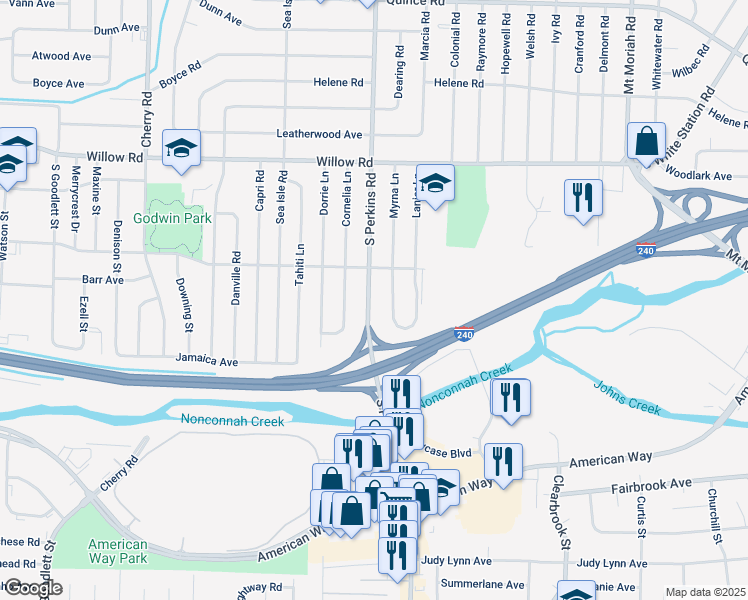 map of restaurants, bars, coffee shops, grocery stores, and more near 1858 South Perkins Road in Memphis