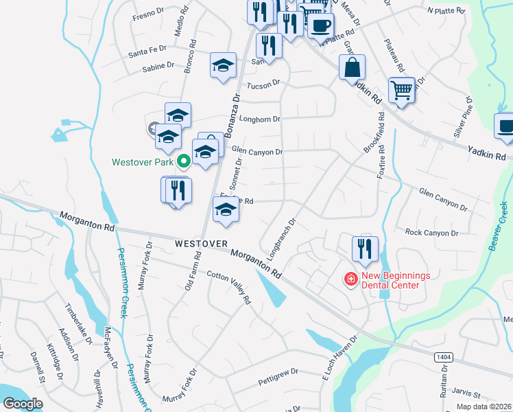 map of restaurants, bars, coffee shops, grocery stores, and more near 5133 Courtshire Court in Fayetteville