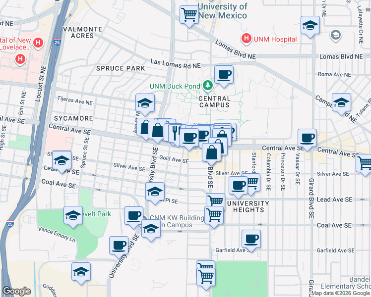 map of restaurants, bars, coffee shops, grocery stores, and more near 2000 Central Avenue Southeast in Albuquerque