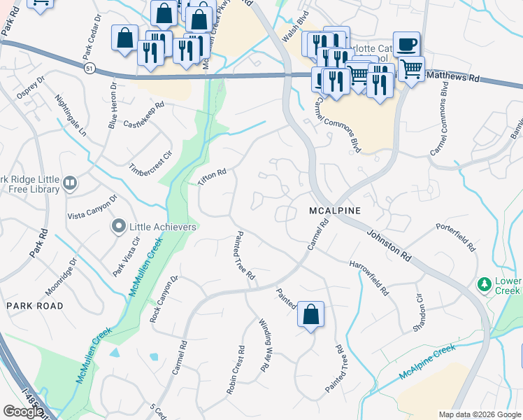 map of restaurants, bars, coffee shops, grocery stores, and more near 11039 Cedar View Road in Charlotte