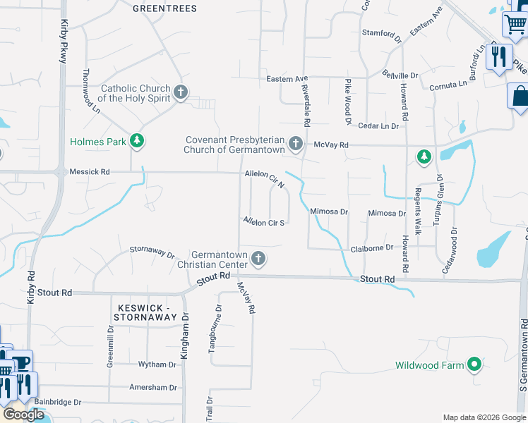 map of restaurants, bars, coffee shops, grocery stores, and more near 7064-7076 May Woods Lane in Germantown