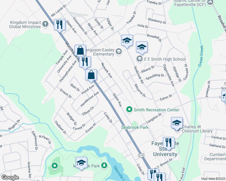 map of restaurants, bars, coffee shops, grocery stores, and more near 1732 Slater Avenue in Fayetteville