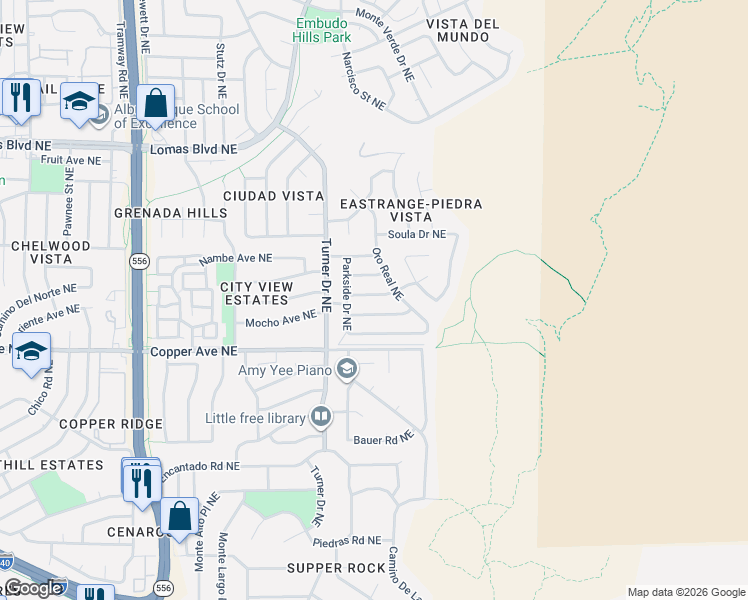 map of restaurants, bars, coffee shops, grocery stores, and more near 14337 Mocho Avenue Northeast in Albuquerque