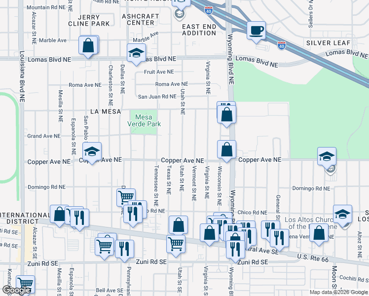 map of restaurants, bars, coffee shops, grocery stores, and more near 413 Vermont Street Northeast in Albuquerque