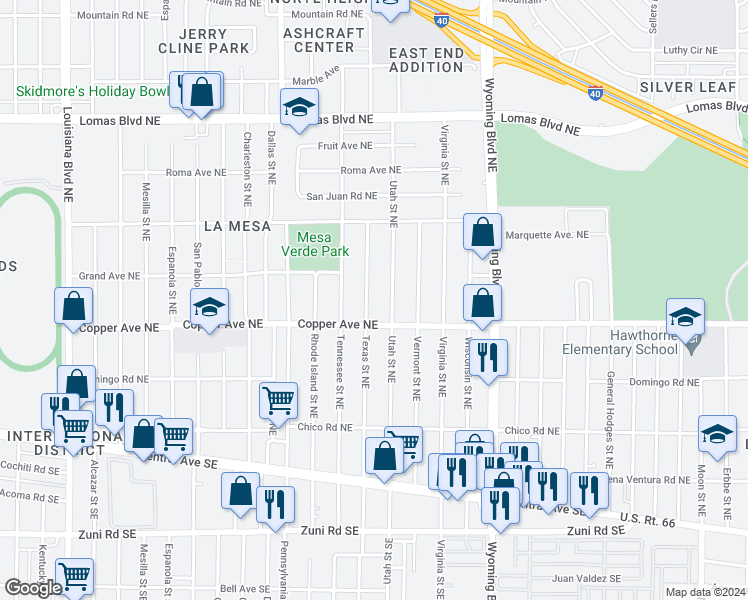 map of restaurants, bars, coffee shops, grocery stores, and more near in Albuquerque