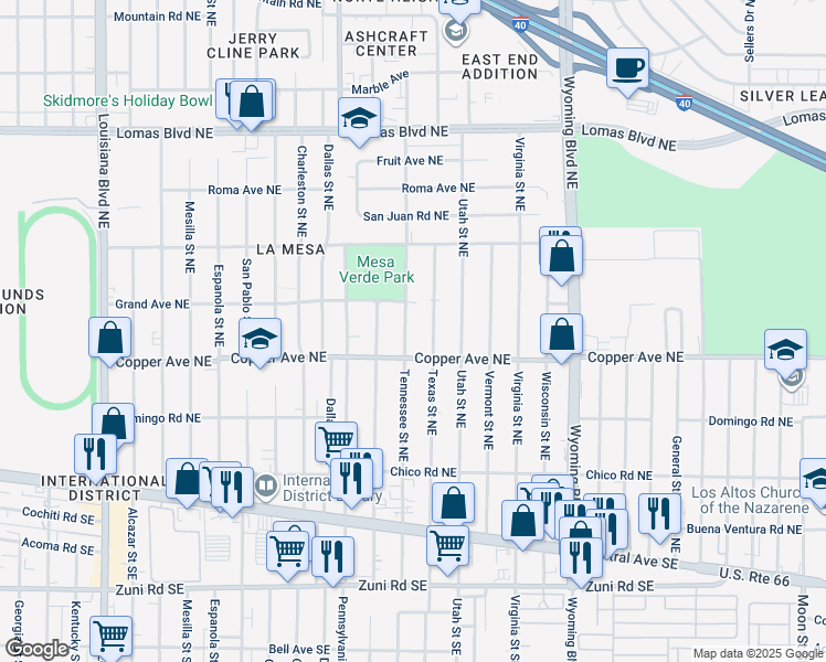 map of restaurants, bars, coffee shops, grocery stores, and more near 411 Tennessee Street Northeast in Albuquerque