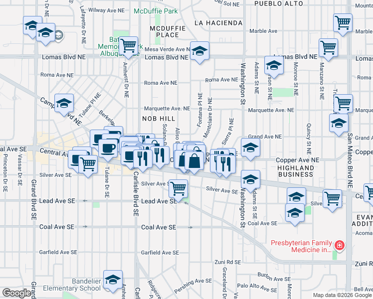 map of restaurants, bars, coffee shops, grocery stores, and more near 204 Aliso Drive Northeast in Albuquerque