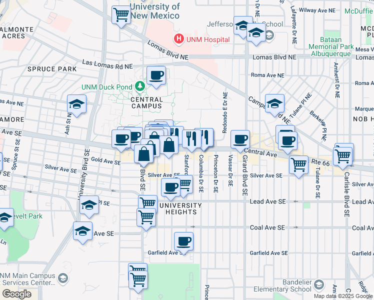 map of restaurants, bars, coffee shops, grocery stores, and more near 107 Stanford Drive Southeast in Albuquerque