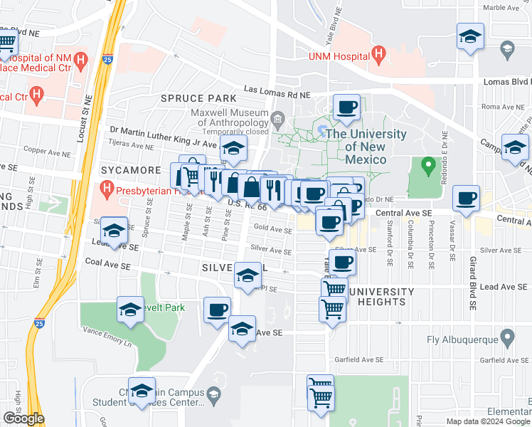 map of restaurants, bars, coffee shops, grocery stores, and more near 1817 Gold Avenue Southeast in Albuquerque