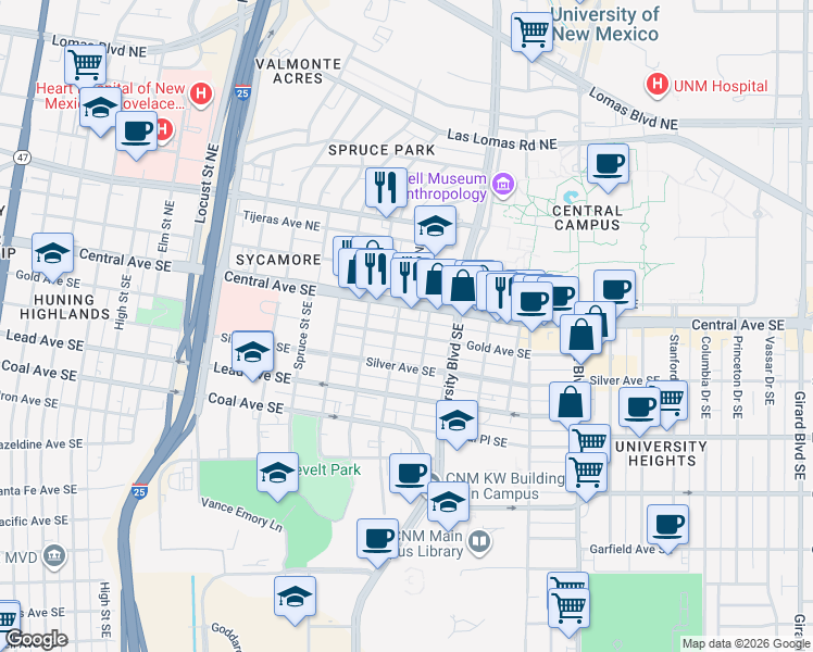 map of restaurants, bars, coffee shops, grocery stores, and more near 1604A Gold Avenue Southeast in Albuquerque