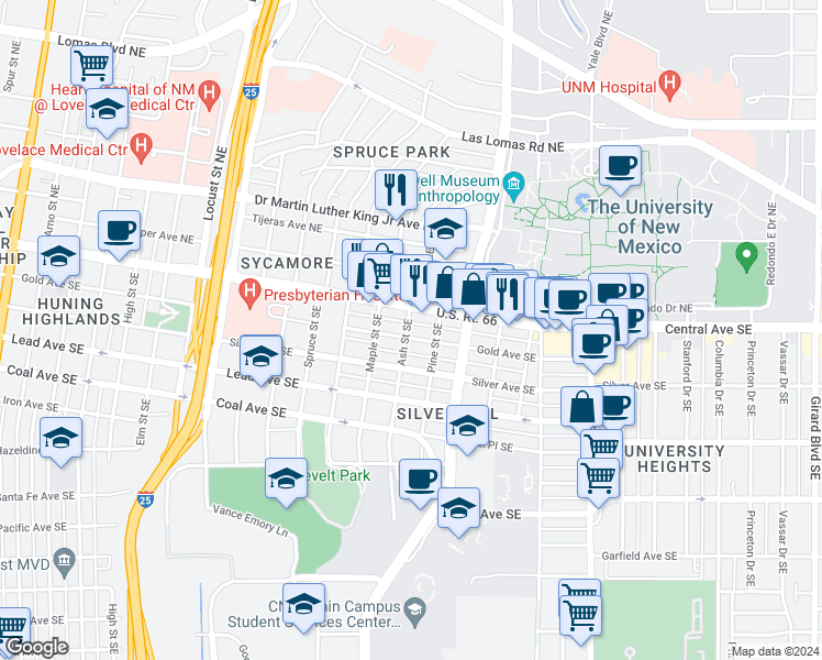 map of restaurants, bars, coffee shops, grocery stores, and more near 1604A Gold Avenue Southeast in Albuquerque