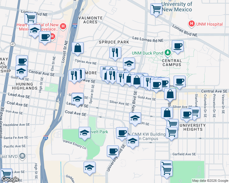 map of restaurants, bars, coffee shops, grocery stores, and more near 202 Maple Street Southeast in Albuquerque