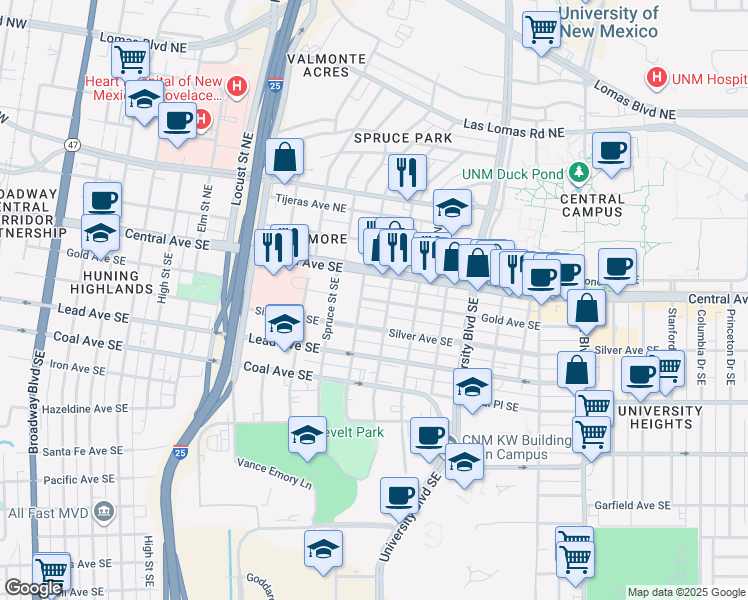 map of restaurants, bars, coffee shops, grocery stores, and more near 202 Maple Street Southeast in Albuquerque