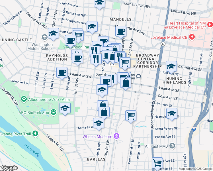 map of restaurants, bars, coffee shops, grocery stores, and more near 400 Coal Avenue Southwest in Albuquerque