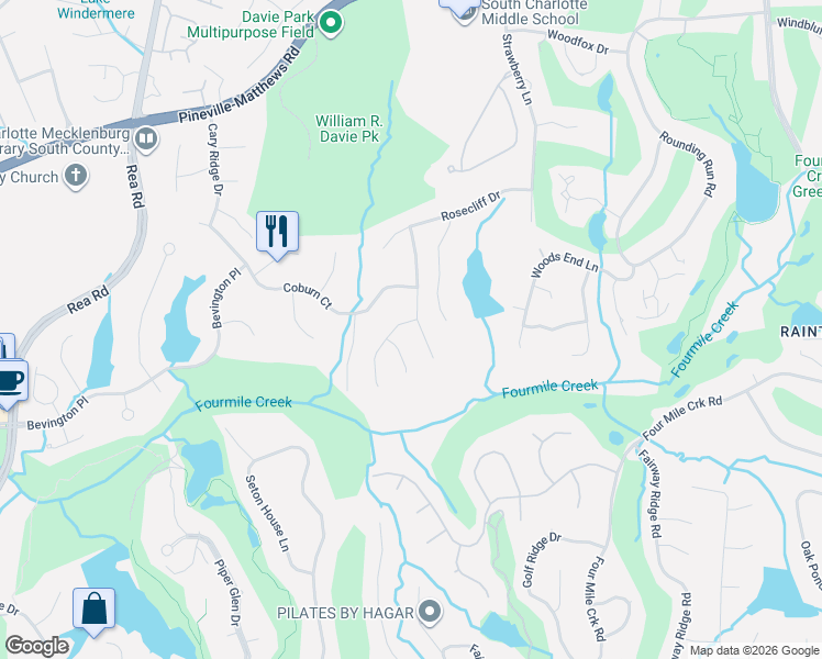 map of restaurants, bars, coffee shops, grocery stores, and more near 8716 Brownes Pond Lane in Charlotte