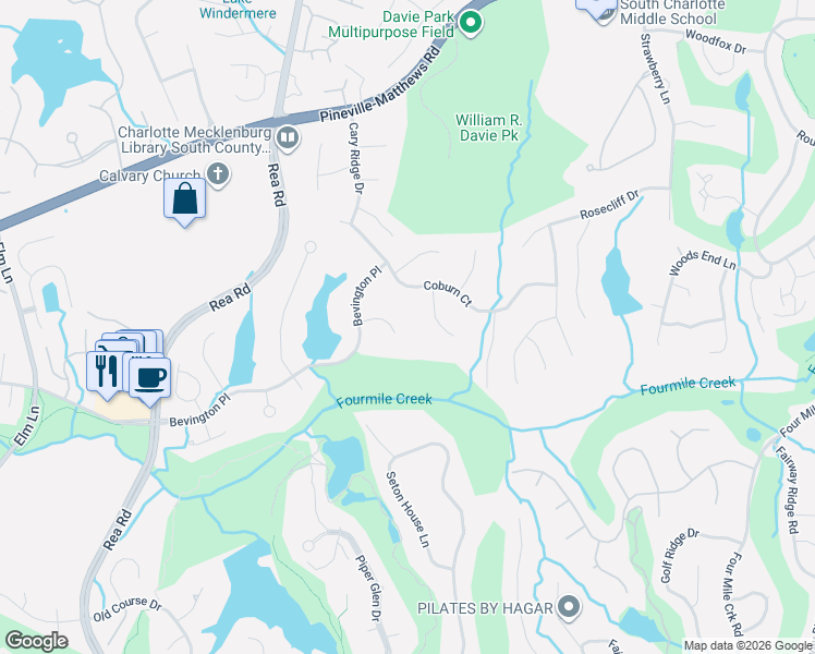 map of restaurants, bars, coffee shops, grocery stores, and more near 6531 Chipstead Lane in Charlotte