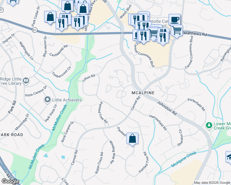 map of restaurants, bars, coffee shops, grocery stores, and more near 11046 Harrowfield Road in Charlotte