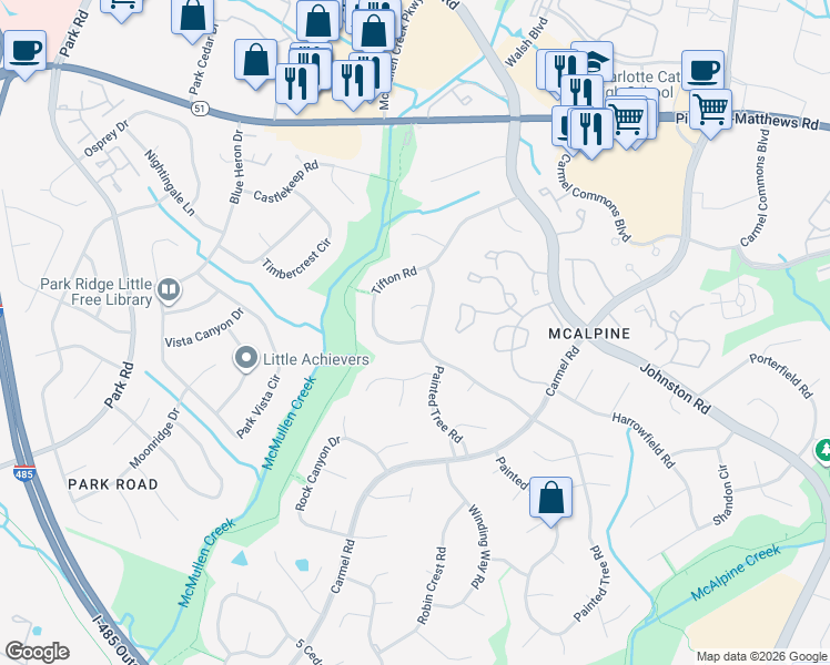 map of restaurants, bars, coffee shops, grocery stores, and more near 8412 Tifton Road in Charlotte