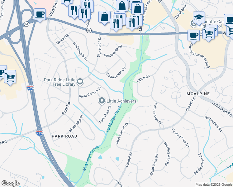 map of restaurants, bars, coffee shops, grocery stores, and more near 8224 Park Vista Circle in Charlotte