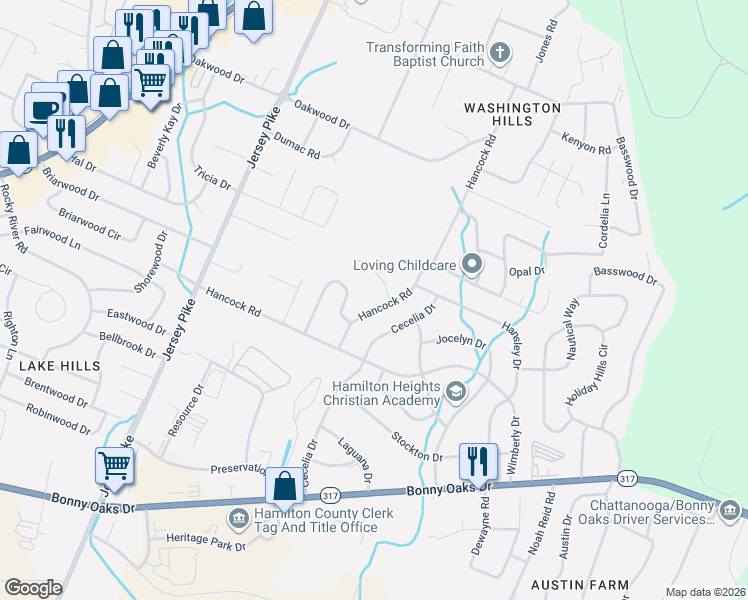 map of restaurants, bars, coffee shops, grocery stores, and more near 7725 Hancock Road in Chattanooga