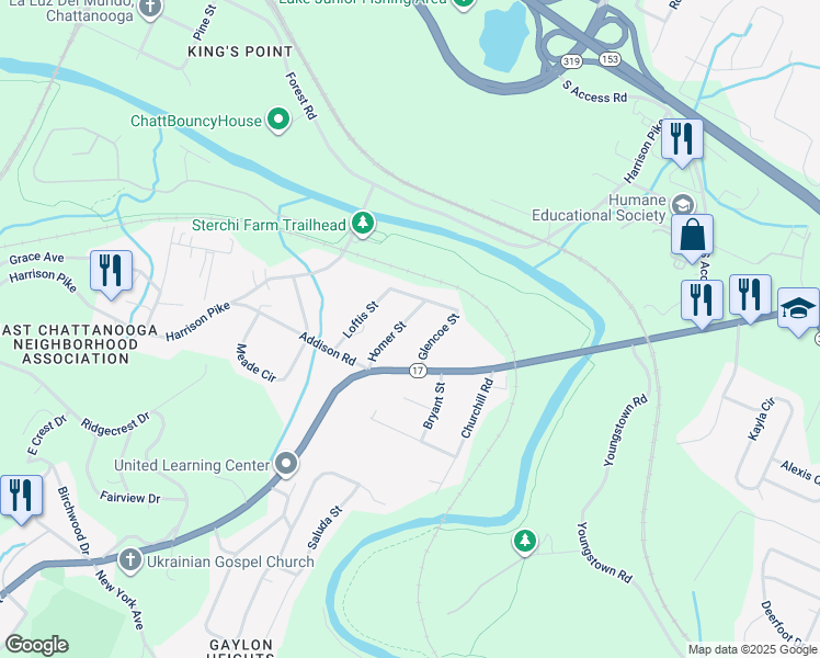 map of restaurants, bars, coffee shops, grocery stores, and more near 4051 Glencoe Street in Chattanooga