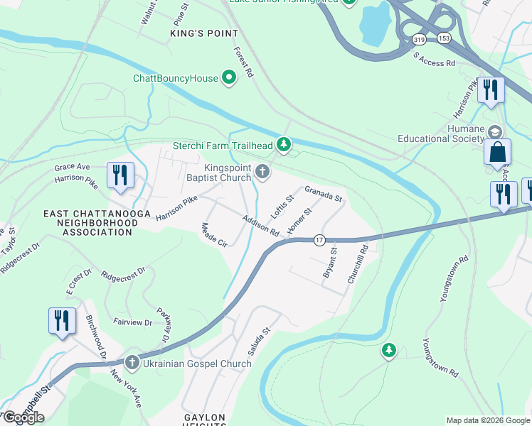 map of restaurants, bars, coffee shops, grocery stores, and more near 2929 Addison Road in Chattanooga