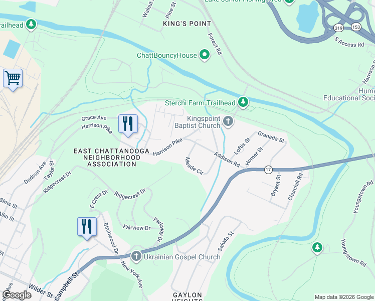 map of restaurants, bars, coffee shops, grocery stores, and more near 2444 Meade Circle in Chattanooga
