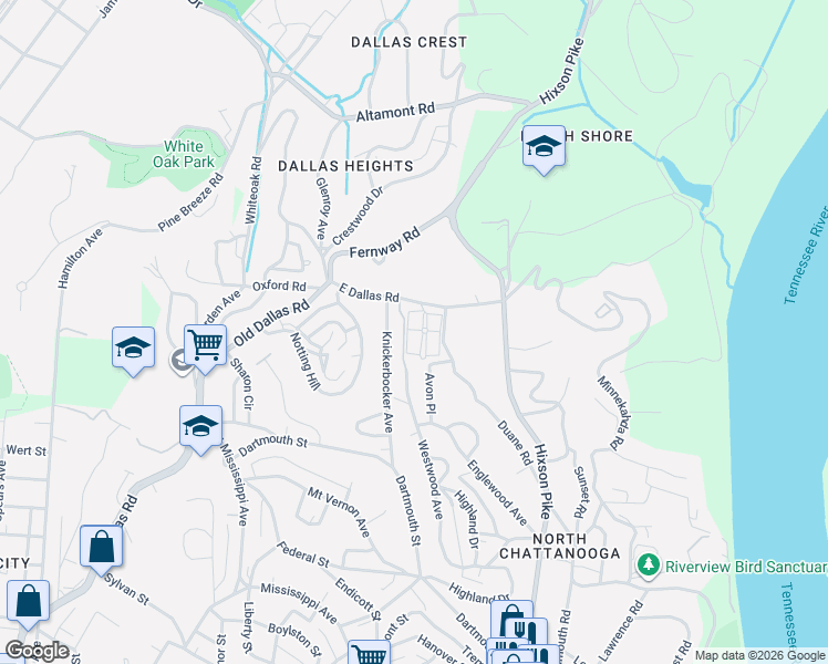 map of restaurants, bars, coffee shops, grocery stores, and more near 1111 Longholm Court in Chattanooga