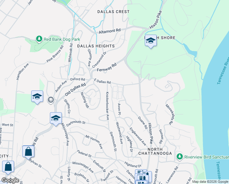 map of restaurants, bars, coffee shops, grocery stores, and more near 1111 Longholm Court in Chattanooga