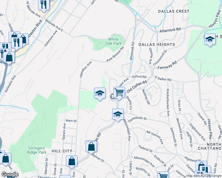 map of restaurants, bars, coffee shops, grocery stores, and more near 1602 Berkley Circle in Chattanooga