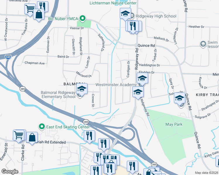 map of restaurants, bars, coffee shops, grocery stores, and more near 2515 Hawkhurst Street in Memphis