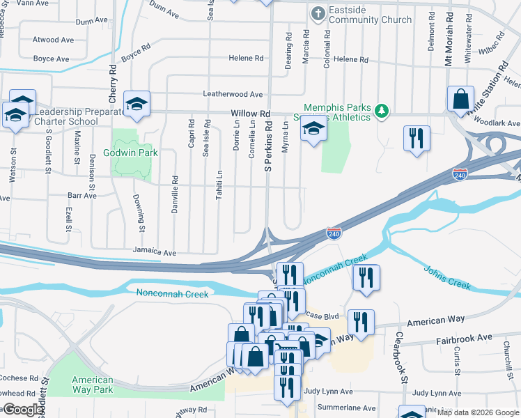 map of restaurants, bars, coffee shops, grocery stores, and more near 1856 South Perkins Road in Memphis