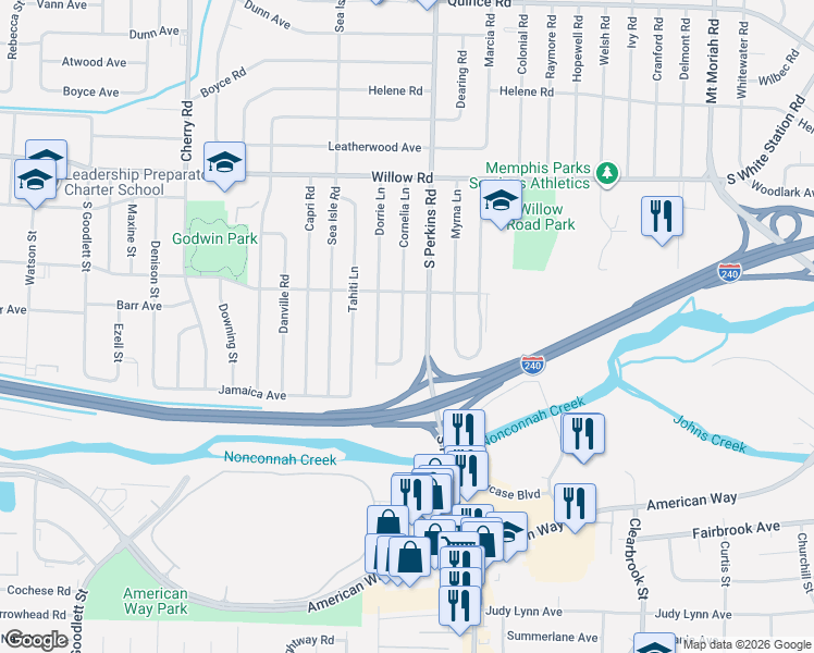 map of restaurants, bars, coffee shops, grocery stores, and more near 1871 Cornelia Lane in Memphis