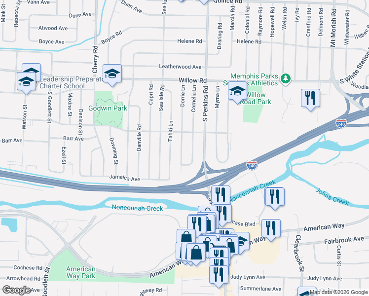 map of restaurants, bars, coffee shops, grocery stores, and more near 1871 Cornelia Lane in Memphis