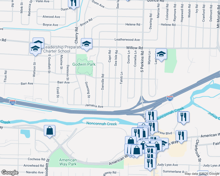map of restaurants, bars, coffee shops, grocery stores, and more near 1877 Sea Isle Road in Memphis
