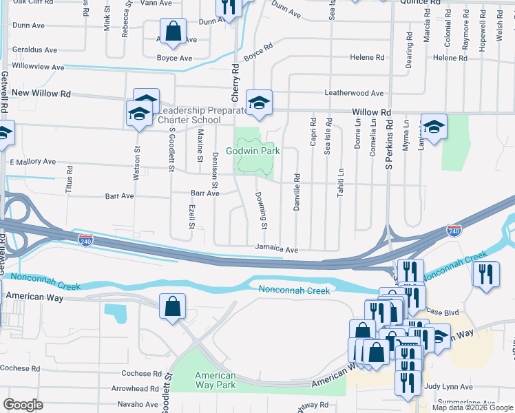 map of restaurants, bars, coffee shops, grocery stores, and more near 1870 Cherry Road in Memphis