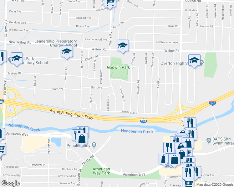 map of restaurants, bars, coffee shops, grocery stores, and more near 1870 Cherry Road in Memphis
