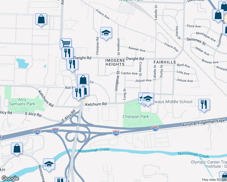 map of restaurants, bars, coffee shops, grocery stores, and more near 2371 Imogene Street in Memphis