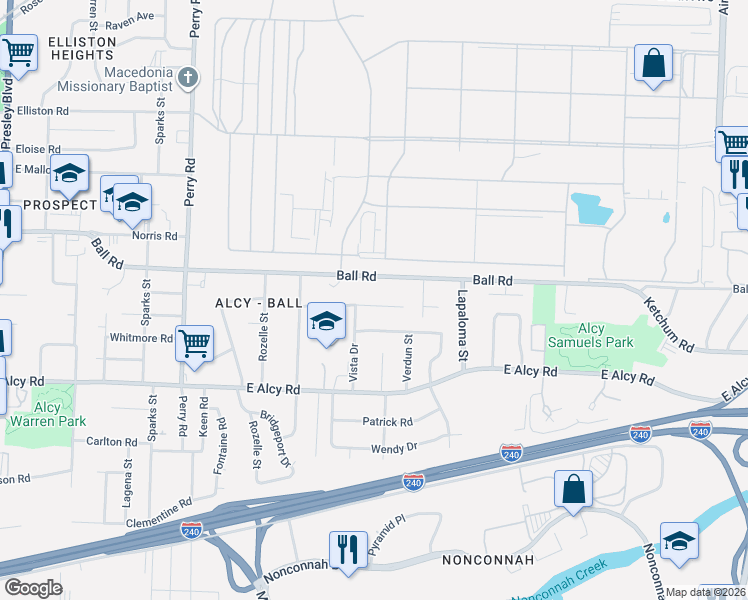 map of restaurants, bars, coffee shops, grocery stores, and more near 2366 Vista Drive in Memphis