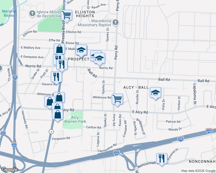 map of restaurants, bars, coffee shops, grocery stores, and more near 1532 Gausco Road in Memphis
