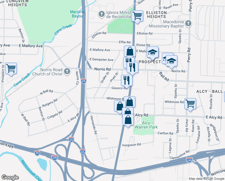 map of restaurants, bars, coffee shops, grocery stores, and more near 1256 Whitmore Road in Memphis