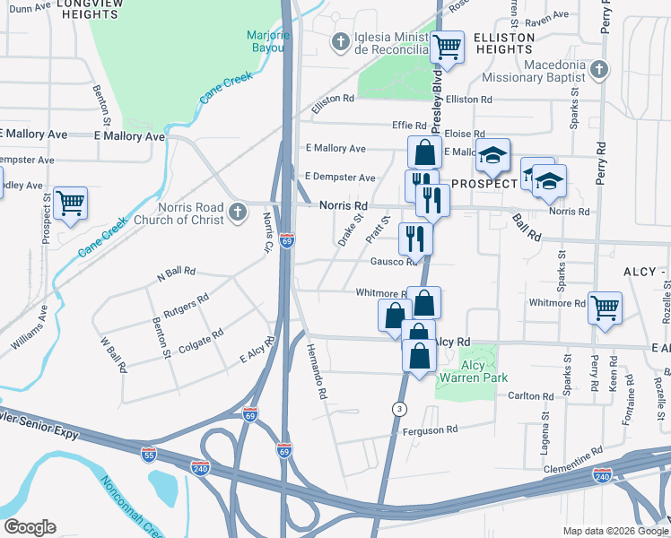 map of restaurants, bars, coffee shops, grocery stores, and more near 2375 Pratt Street in Memphis