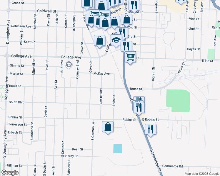 map of restaurants, bars, coffee shops, grocery stores, and more near 1315 Bruce Street in Conway