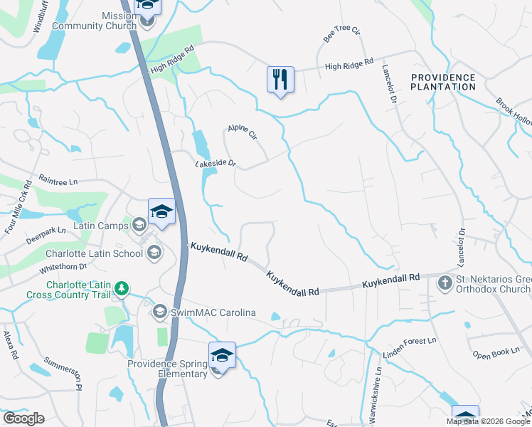 map of restaurants, bars, coffee shops, grocery stores, and more near 9422 Squirrel Hollow Lane in Charlotte